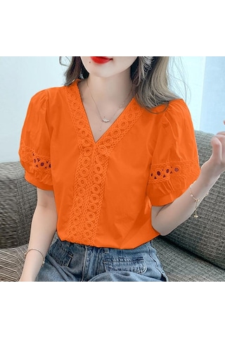 Vonda Kadın Yazlık Rahat V Yaka Puf Kısa Kollu Dantel Eklemeli Düz Renk Bol Bluz Turuncu