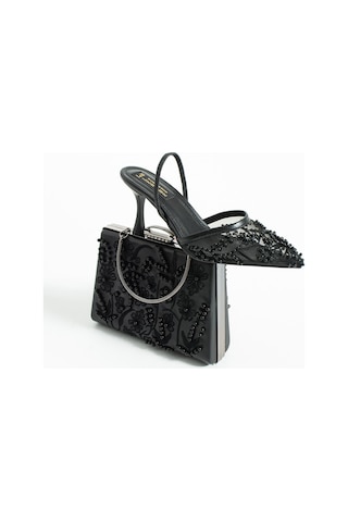 Lebibe Shoes Meggıe Siyah Ayakkabı Çanta Kombin Sivri Burun 7cm Topuklu İncili Slingback Ayakkabı Ve Çanta Seti Siyah Kombin