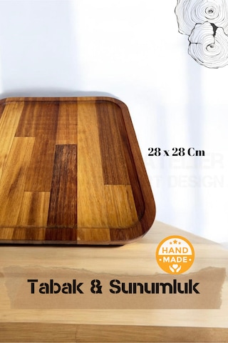El Yapımı Iroko Ağacı Ahşap Tabak & Sunumluk 28x28 Cm