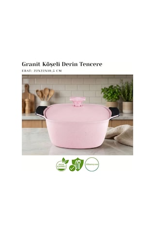 9 Parça Kare Granit Set Alüminyum Kapak - Pembe Pembe