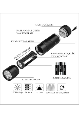 Ultraviyole Fener, Mor Işık Fener 12 Led , 395 Nm Uv Fener Siyah