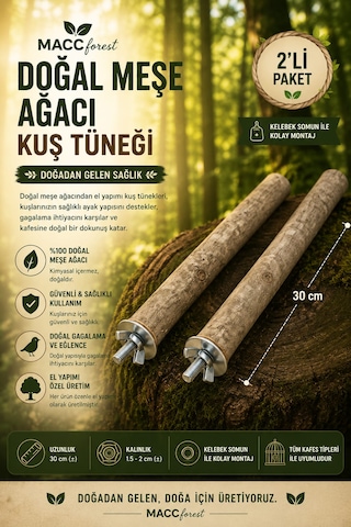 Mutlu Kuşlar Serisi / Doğal Ağaç Kuş Tüneği / 2 Adet - 35/45cm