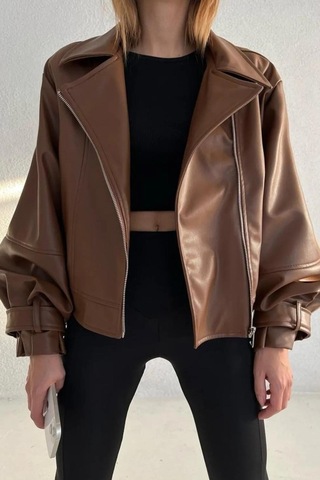 Mavifidesign Kadın Taba Oversize Deri Ceket Taba Taba
