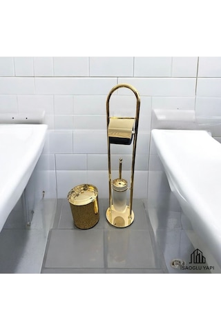 İsaoğlu Yapı Gold Kova Banyo Seti Klozet Fırçası Tuvalet Kağıtlığı Komple Pirinç Set Gold Banyo Gold Altın