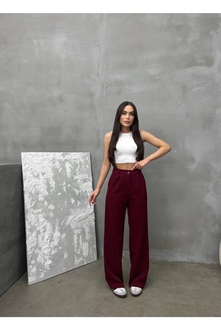 New Journal Kadın Bordo Yüksek Bel Pileli Plazzo Kumaş Pantolon Nwj-1000500018 Bordo