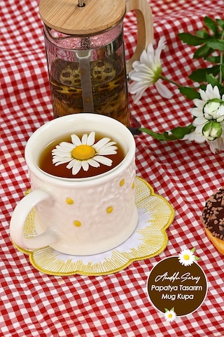 El Yapımı Seramik Kabartma Motifli Papatya Tasarım Mug Kupa Fincan |Handmade Mug Fincan Kahve Kupası