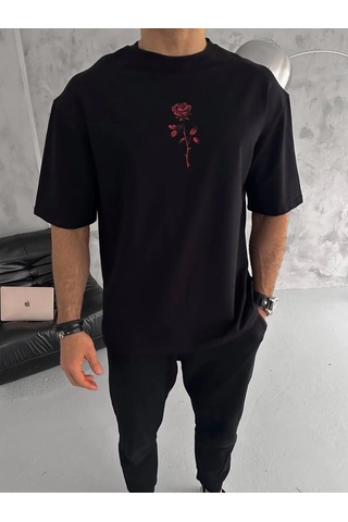 Novalisse Erkek Bisiklet Yaka Baskılı Oversize Kısa Kol T-shirt - Siyah Çoklu Renk