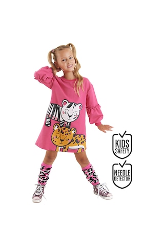 Denokids Kız Çocuk Kışlık Leopar ve Zebra Desenli Pamuklu Pembe Uzun Kollu Elbise 3-9 Yaş