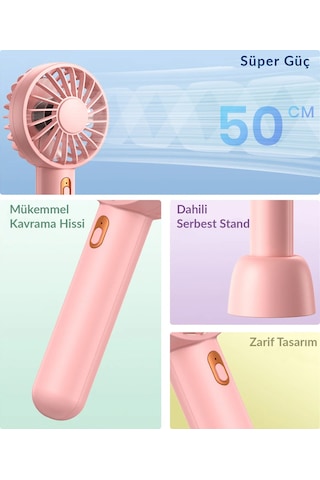 Warmco K30 Taşınabilir Şarjlı Mini El Vantilatörü 1800mah 3 Kademeli Standlı Soğutucu Fan Pembe