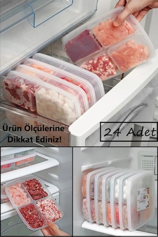 Bayev 24 Adet 4 Bölmeli Öğünlük Et Sebze Balık Saklama Kabı - Buzluk Kıyma Organizeri Düzenleyici