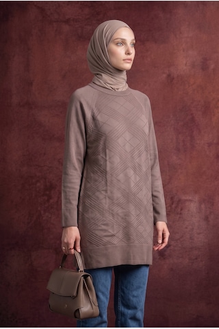 Armine Trend Geometrik Desenli Bisiklet Yaka Uzun Kollu Rahat Kesim Tunik Mocha 26ktd411