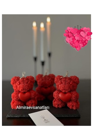 3 Lü Kalpli Ayıcık Modelli Mum Kırmızı 3 Lü Kalpli Ayıcık Modelli Mum Kırmızı