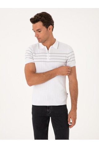 Beyaz Slim Fit %100 Pamuk Fermuarlı Polo Yaka Triko T-shirt