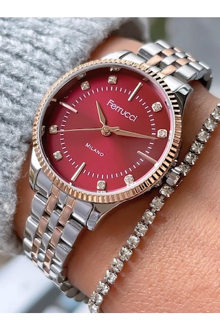 Ferrucci Fc59875 Retro Model Sade Şık Çelik Kordon Ve Kasa Kadın Kol Saati+bileklik Hediye Gümüş - Rose Gold