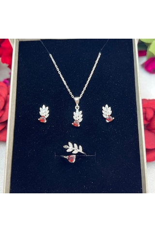 Kırmızı Kalp Taşlı Yaprak Model Kadın 3'lü Set 925 Ayar Gümüş Zirkon Taşlı Gümüş