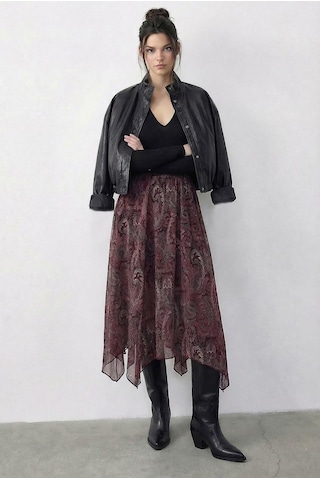 Shade Kadın Etnik Desenli Asimetrik Kesim Astarlı Etek 60286034 - Bordo