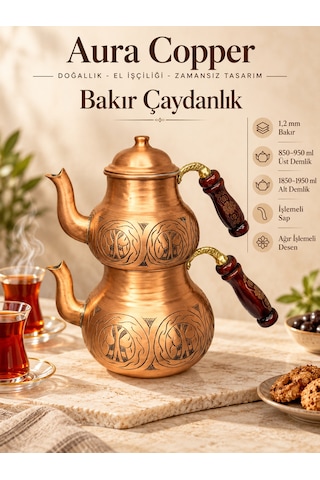 Aura Copper Ağır El İşlemeli Kalın Bakır Çaydanlık Takımı 1,2 Mm 27 Cm Bakır Mat/ac-cy-031