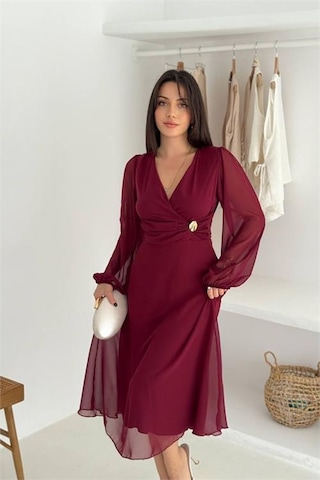 Neşeli Butik Kadın Bordo Astarlı Tokalı Şifon Elbise Nbk30281 Bordo
