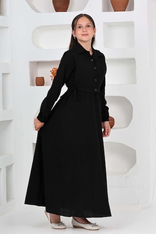 Kız Çocuk Uzun Boy Gofre Kumaş Jile & Elbise İki Parça Takım Astarlı Zarif Set-4948 Siyah