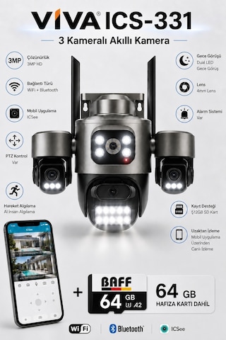 Ics-331 3 Kameralı Akıllı Dış Mekan Ptz Wifi Güvenlik Kamerası 3mp, Icsee, Aı İnsan Takip, Çift Yönlü Ses + 64 Gb Hafıza Kartı Dahil