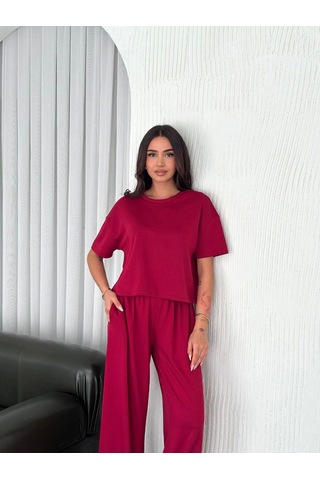 Primemagazam Kadın Osy Modal Bisiklet Yaka Tişört Bol Paça Pantolon İkili Takım - Bordo Çeşitli