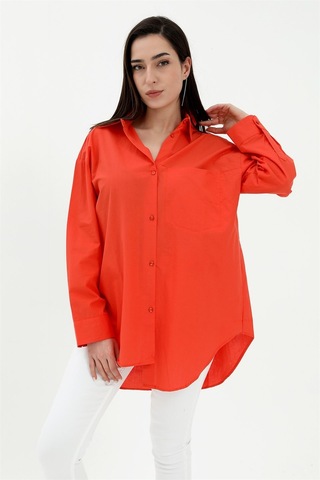 Tek Cepli Kolları Katlı Oversize Kalın Keten Gömlek - Turuncu-turuncu Turuncu