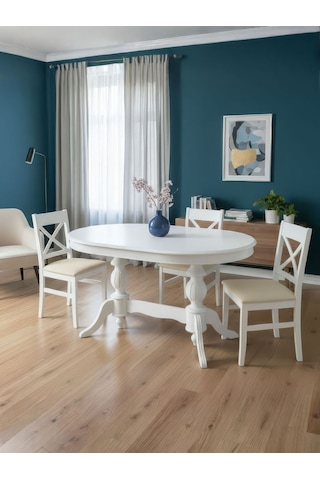 Montclair Çift Baba Ayaklı Masif Ahşap Oval Yemek Masası 90x140 Beyaz