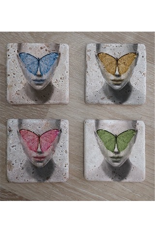 Kelebek Maskeli Kadın Doğal Taş Bardak Altlığı 4'lü Set Taş Çok Renkli