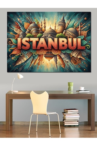 İstanbul İkonik Mimari Şehir Yazısı Dekoratif Kanvas - Mdf Ahşap Tablo