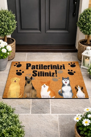 Esnature Köpek Desenli Patilerinizi Silin Yazılı Kapı Önü Paspası 45x70 Cm Çok Renkli