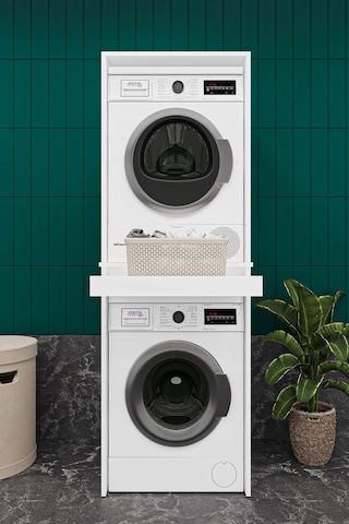 Asra Trend Çamaşır ve Kurutma Makinesi Dolabı BD05 %100 MDF Çekmeceli Raf Beyaz