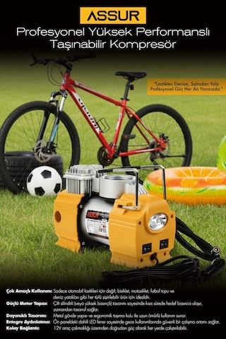 Assur ASR8047 12V Çakmaklık Girişli 150 Psi Hava Kompresörü Sarı