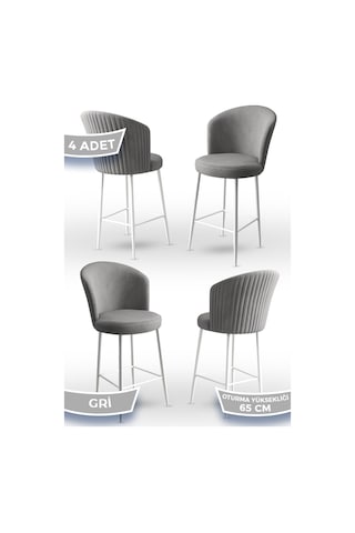 Canisa Alte Serisi 4 Gri Sandalye 65 Cm Ada Mutfak Bar Sandalyesi Babyface Kumaş Beyaz Metal Ayaklı Gri Sandalye Ayaklar Beyaz