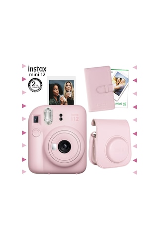 Fujifilm Instax Mini 12 Fotoğraf Makinesi + 10'lu Film + Laporta Albüm + Deri Kılıf Seti Pembe