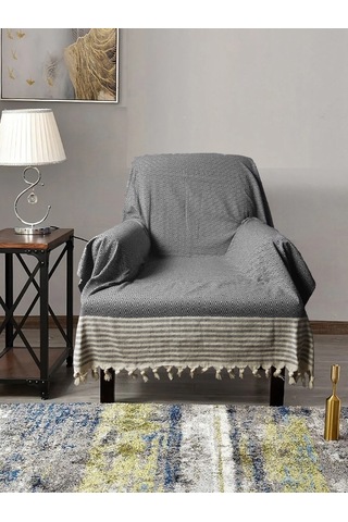 Buldan İşi Pamuklu 2'li Berjer Koltuk Örtüsü Seti 180x150 Cm - Kolları Örten Dokuma Kumaş Antrasit