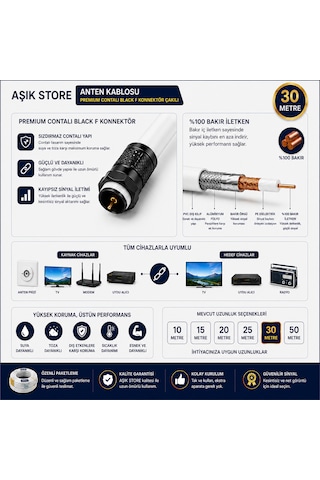 30 Metre Premium Anten Kablosu %100 Bakır İç İletken Contalı Black F Konnektör Çakılı Koaksiyel Tv Uydu Kablosu