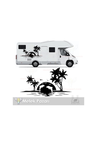Yunuslar Ve Palmiye Kamp Karavan Sticker, Karavan Çıkartma