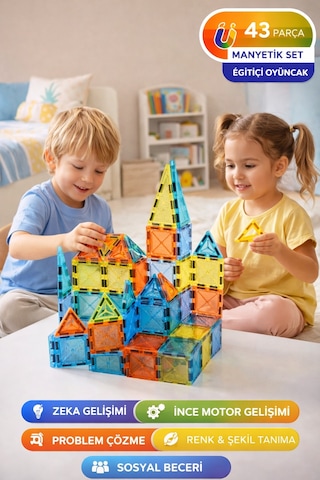 43 Parça Manyetik Blok Seti Eğitici Zeka Oyunu, Renkli 3d Yapı Oyuncağı 3+ Yaş I 5.5 Cm