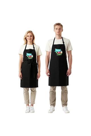 Erkek Unisex Mutfak Aşçı Önlüğü Retro Baskı Taze Lezzetli Tasarım Siyah
