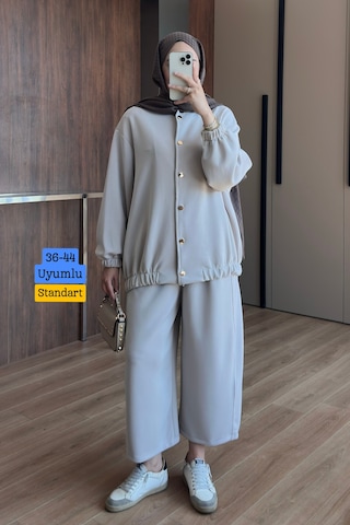 Balenbi Kadın Cupra Modal Bomber Ceketli Bol Paça Pantolonlu Tesettür Takım 3843 - Premium Seri Bej
