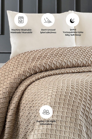 Akrilik Örgü Battaniye Çift Kişilik 220 X 240 Cm Yatak Örtüsü Pike Poly Cappuccino