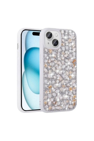 Apple Uyumlu iPhone 15 Plus Kılıf Parlak Taşlı Tasarım Zore Linea Kapak Beyaz
