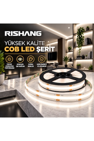 Cob Şerit Led 12v 300 Led/m Crı 90+ Noktasız Aydınlatma Natürel Beyaz 4000k 5 Metre