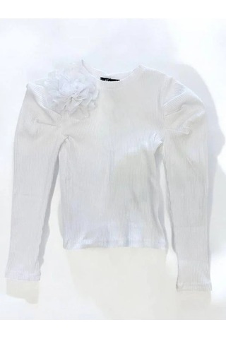 Kız Çocuk Kol Detaylı Çiçekli Fitilli Bluz-14802 Beyaz