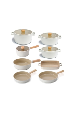 Fika Alüminyum Döküm Cam Kapaklı 12 Parça Tencere & Tava Seti 18s22k24k26d24t26w28t28g Bej12prc3