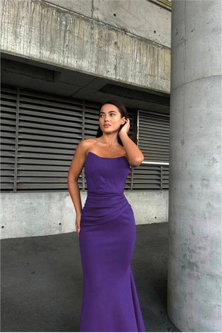 DefyModa Kadın Esnek Likralı Kumaş Straplez Maxi Abiye Elbise Mor