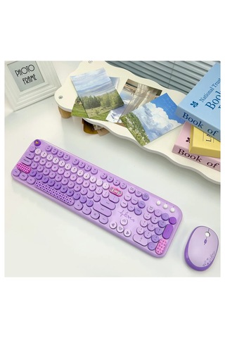 Mofıı Lovely Kablosuz Klavye Mouse Seti 2.4g Sevimli Yuvarlak Tuşlu 104 Tuş Renkli Set Optik