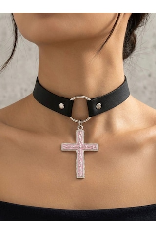 Kadın Gotik Haç Choker Kolye Siyah Deri Boyunluk, Taşlı Haç Kolye Ucu, Y2k Punk Gothic Ayarlanabilir Kolye Pembe