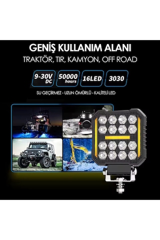 16 Ledli Piksel Model Off Road Sis Farı Beyaz-turuncu 2 Mod Çakarlı Çalışma Lambası 12-24 Volt