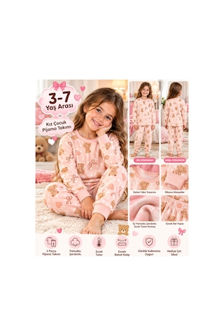 Üç Gül Ticaret Kız Çocuk 3-7 Yaş Ayıcıklı Kalpli Pijama Takımı İçi Pamuklu Şardonlu Bej